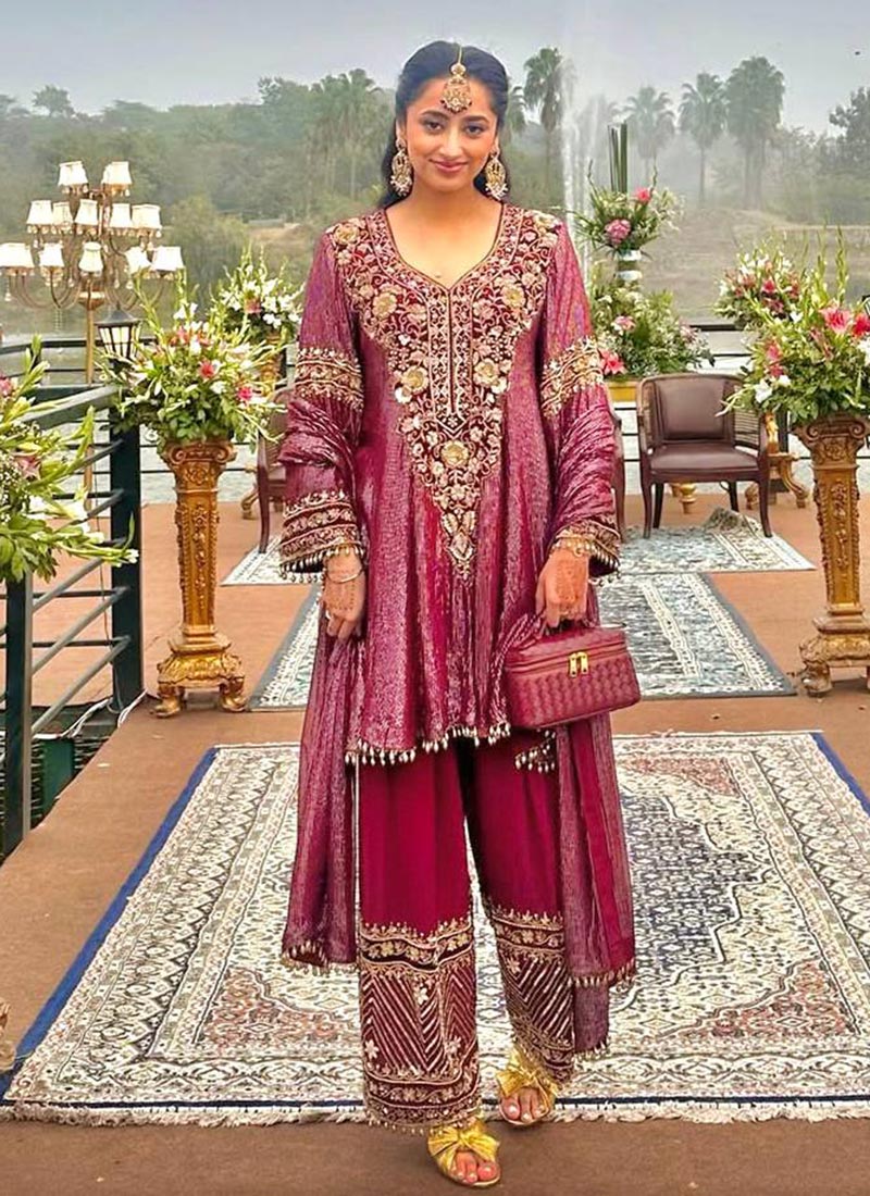 Classic Wine Chinon Embroidered Sequins Straight Pant Suit After Six Wear