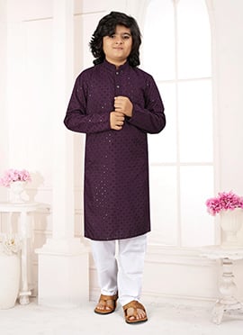 Classic Wine Cotton Sequins Chikankari Kids Boys Kurta Pyjama