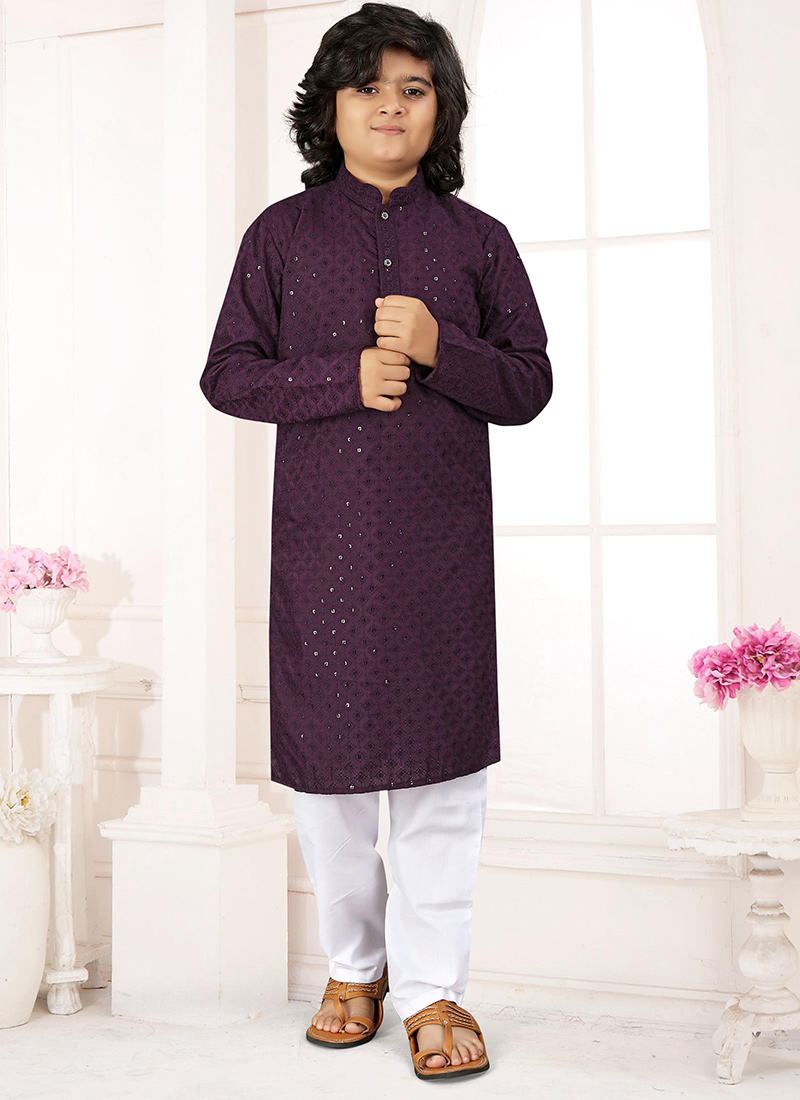 Classic Wine Cotton Sequins Chikankari Kids Boys Kurta Pyjama Festive Wear