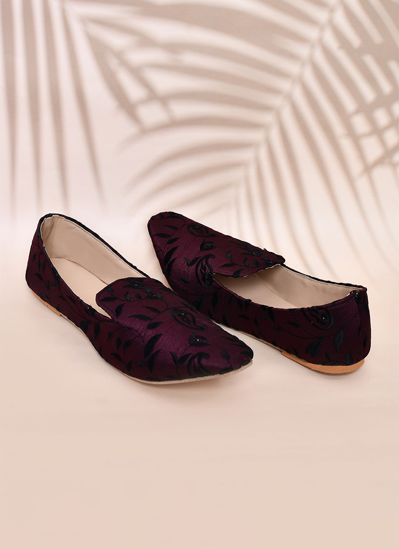 Classic Wine Dupion Silk Embroidered Mojri