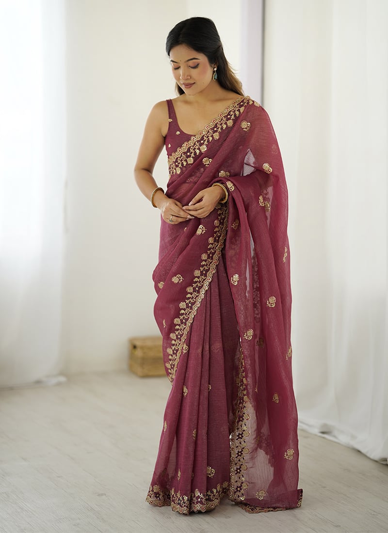 Classic Wine Georgette Embroidered Sequins Saree After Six Wear