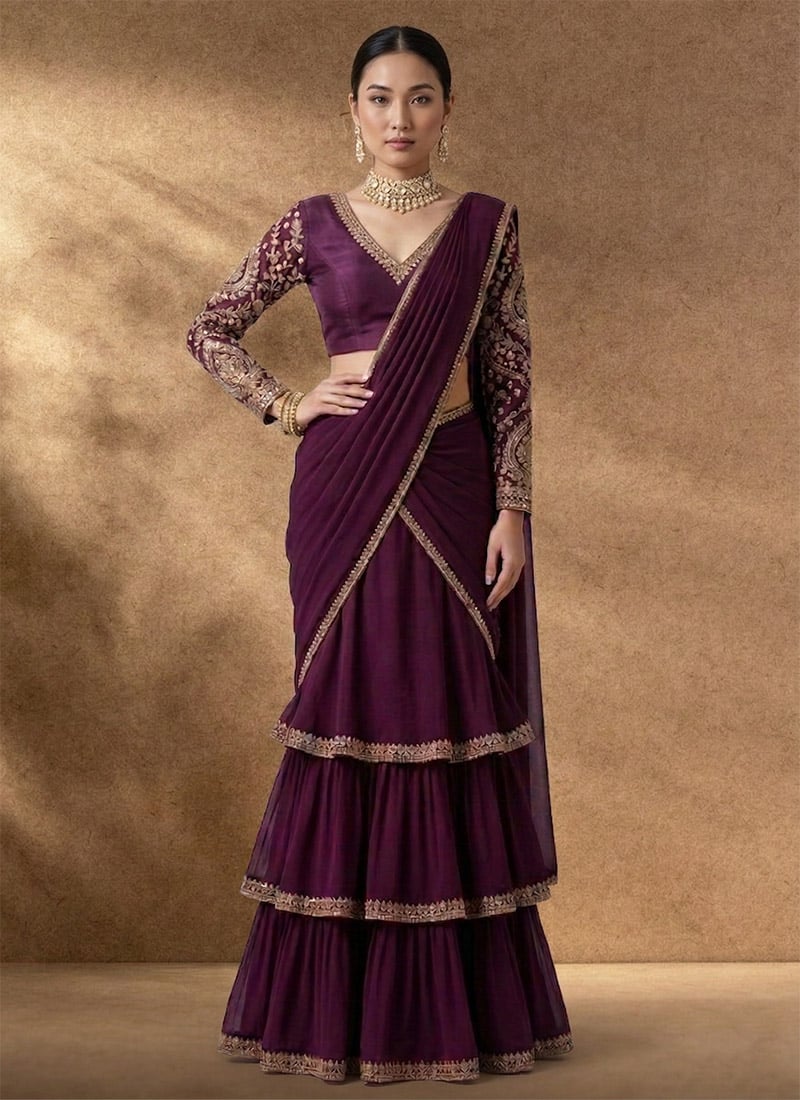 Classic Wine Georgette Zari Sequins Saree Border Added Ready Lace Saree Wedding Wear
