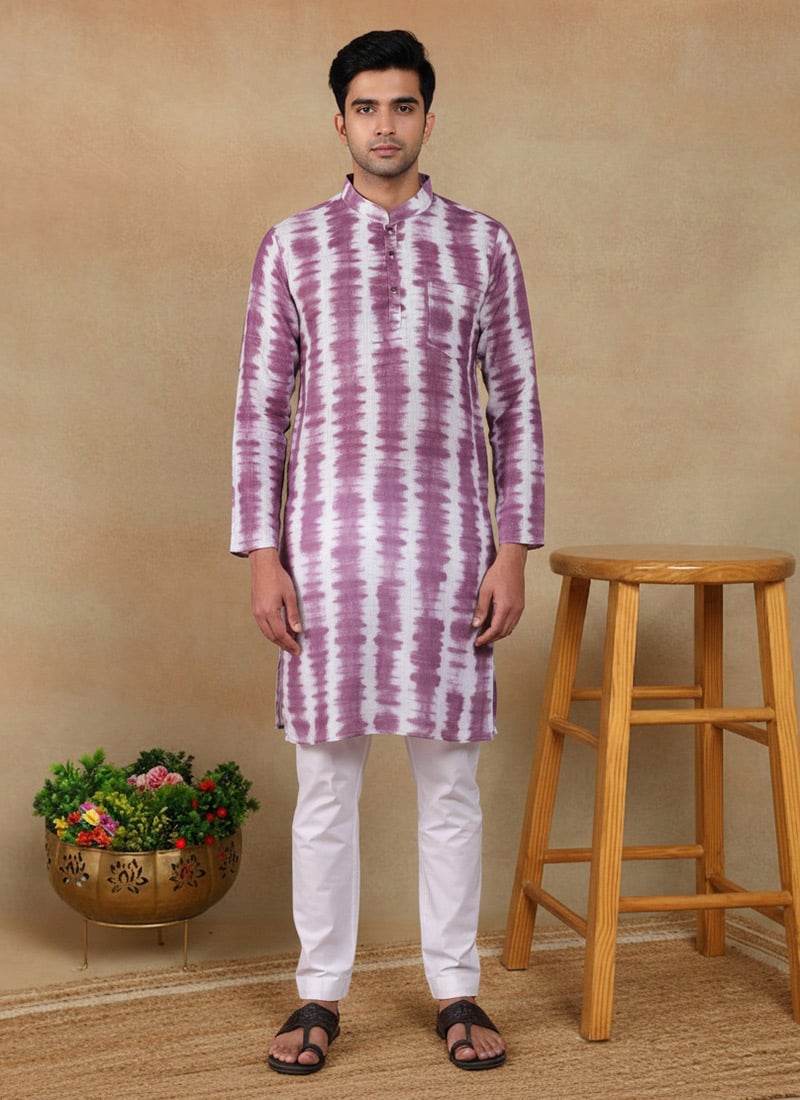 Classic Wine Linen Printed Kurta Pyjama Festive Wear