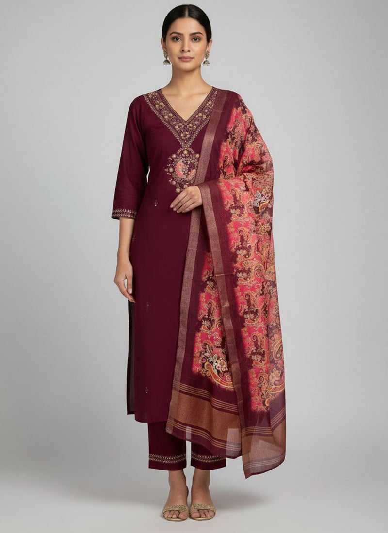 Classic Wine Viscose Silk Embroidered Straight Pant Suit Festive Wear