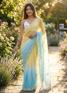 Classic Yellow Crush Chiffon Sequins Moti Cutdana Work Saree