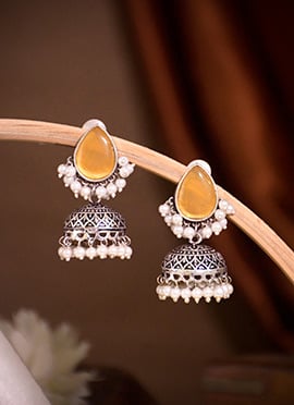 Classic Yellow Kundan Beads Oxidised Jhumka