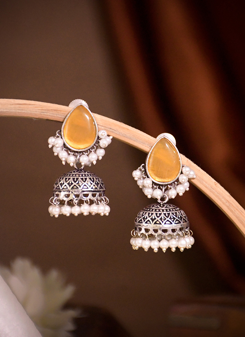 Classic Yellow Kundan Beads Oxidised Jhumka Festive Wear