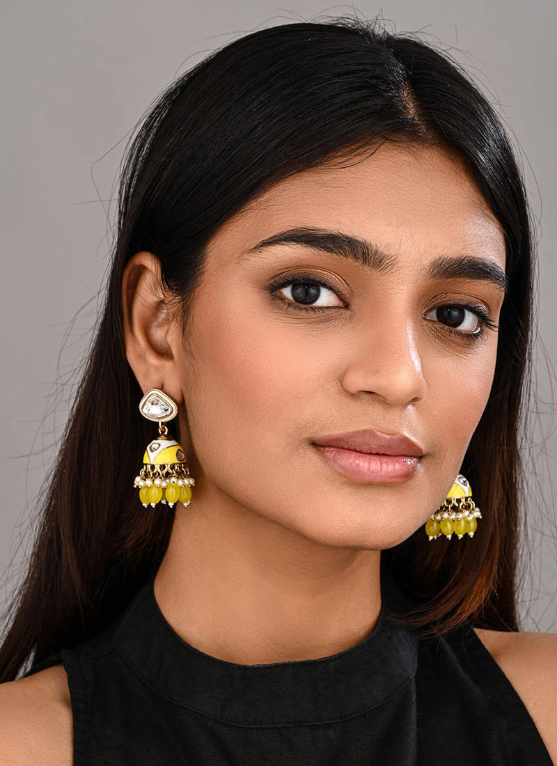 Classic Yellow Meenakari Stone Pearl Jhumka Festive Wear