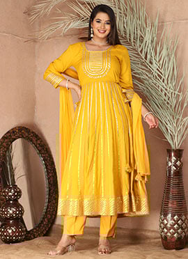 Classic Yellow Rayon Anarkali Suit With Gota Accents And Dupatta