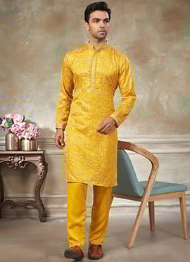 Classic Yellow Silk Thread Embroidered Kurta Pyjama