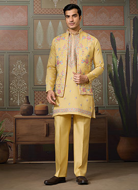 Classic Yellow Viscose Silk Embroidered Sequins Thread Bandi Set