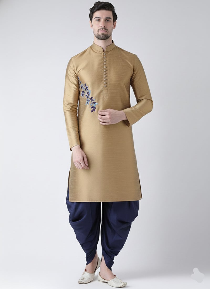 Classy Beige Dupion Silk Embroidered Kurta Pyjama Festive Wear