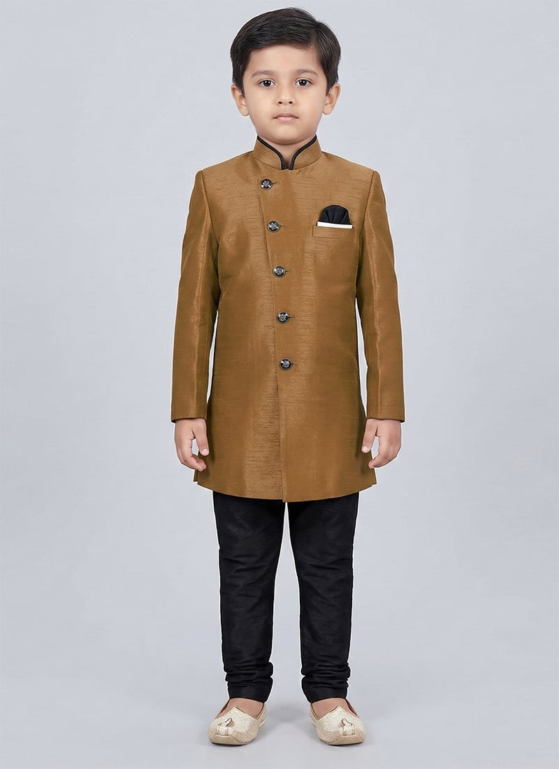 Classy Beige Dupion Silk Kids Boys Indowestern Sherwani Festive Wear
