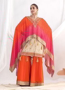 Classy Beige Viscose Zari Embroidered Sequins With Bandhini Print Sharara Suit