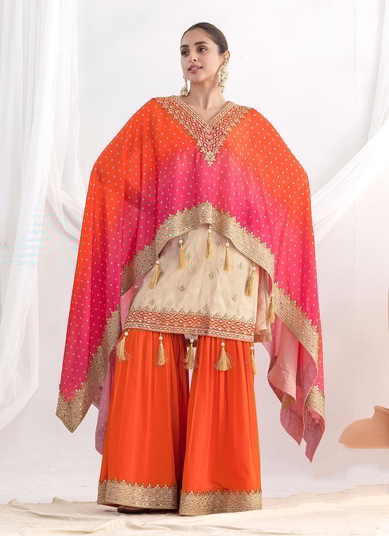 Classy Beige Viscose Zari Embroidered Sequins With Bandhini Print Sharara Suit Festive Wear