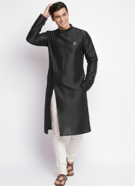 Classy Black Dupion Silk Embroidered Kurta Pyjama