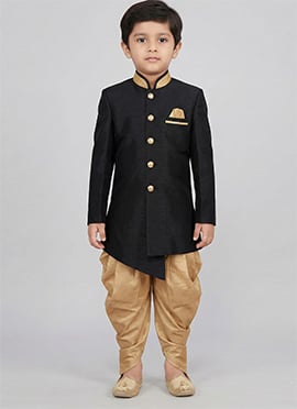 Classy Black Dupion Silk Kids Boys Indowestern Sherwani