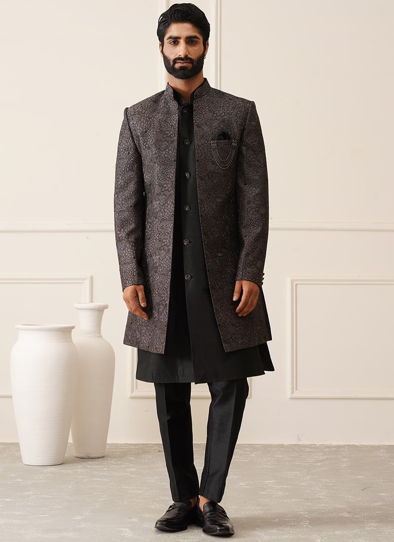 Classy Black Silk Embroidered Sequins Indowestern Sherwani Wedding Wear