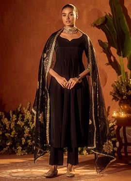 Classy Black Viscose Chanderi Embroidered Sequins Anarkali Suit