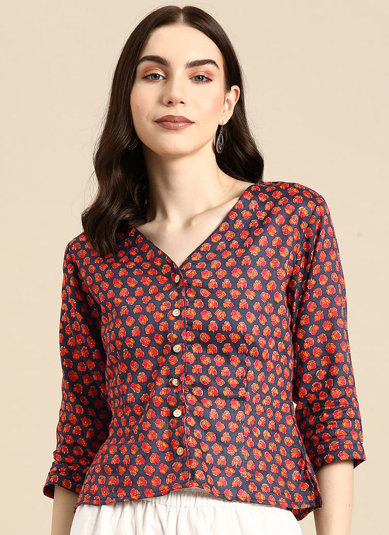 Classy Blue Cotton Printed Blouse After Six Wear