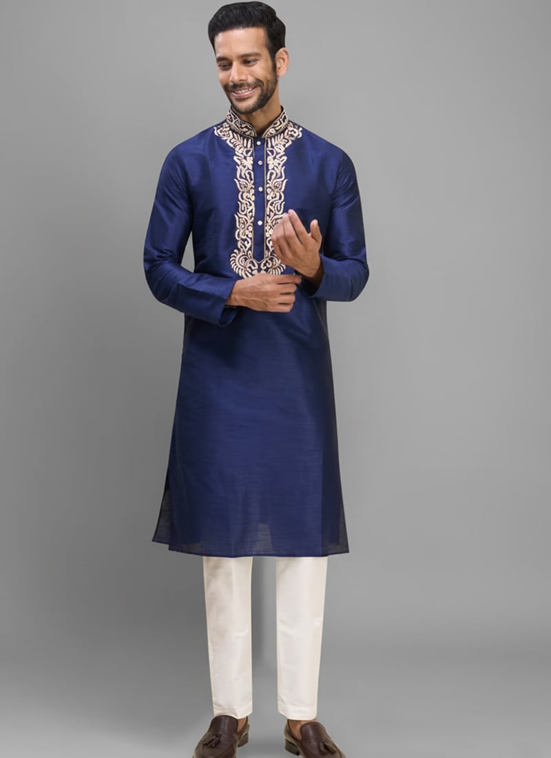 Classy Blue Silk Embroidered Kurta Pyjama Festive Wear