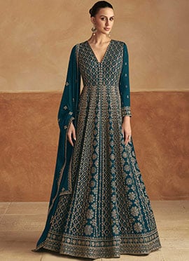 Classy Charm Teal Blue Chinon Embroidered Sequins A Line Anarkali Suit