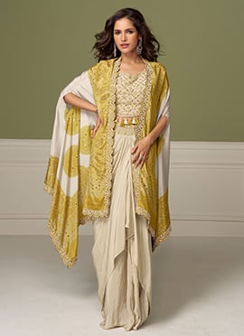 Classy Cream Chinon Silk Embroidered Indowestern Crop Top Skirt Set With Jacket