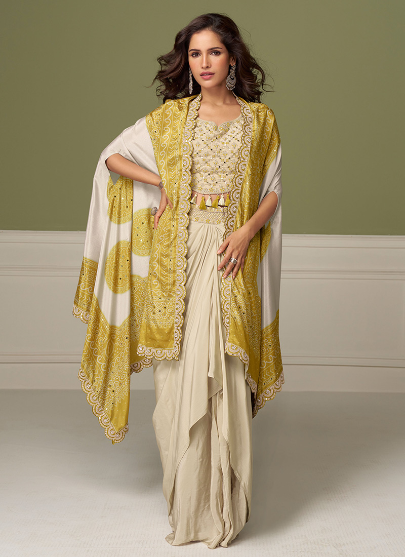 Classy Cream Chinon Silk Embroidered Indowestern Crop Top Skirt Set With Jacket After Six Wear