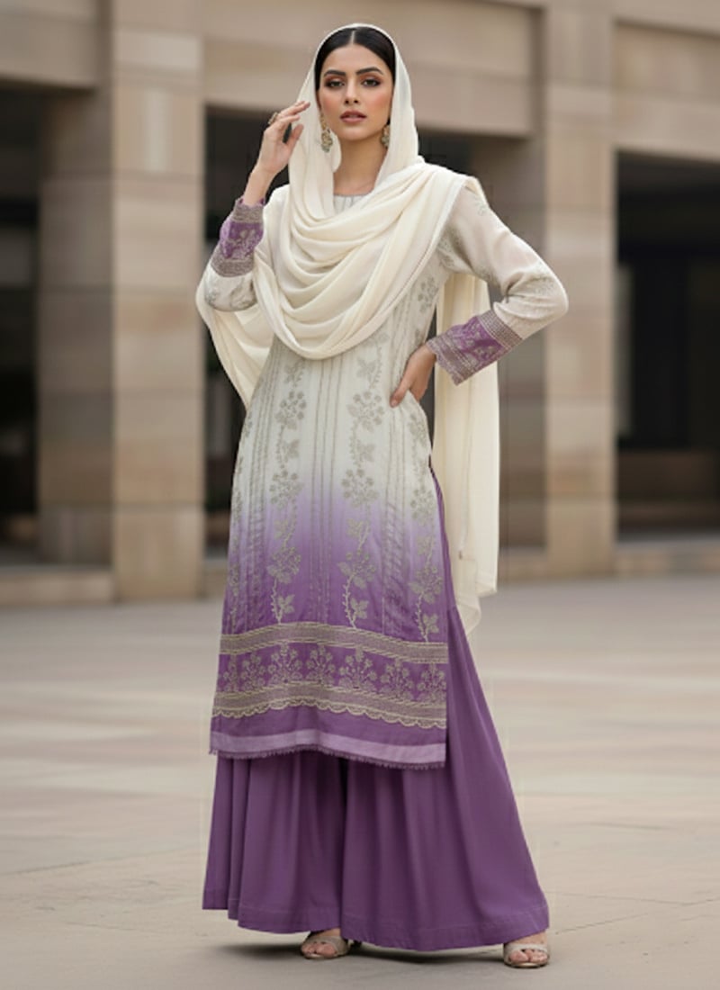 Classy Cream Georgette Zari Sequins Sharara Suit Festive Wear