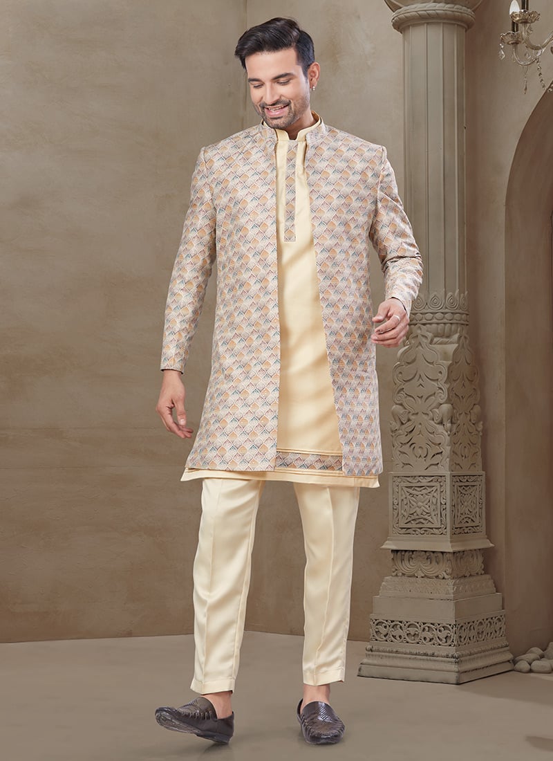 Classy Cream Malai Silk Embroidered Printed Bandi Set Festive Wear