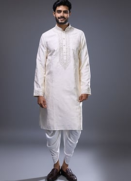 Classy Cream Silk Embroidered Kurta Pyjama