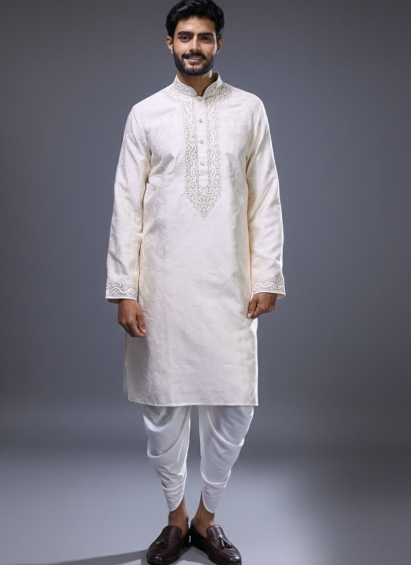 Classy Cream Silk Embroidered Kurta Pyjama Festive Wear