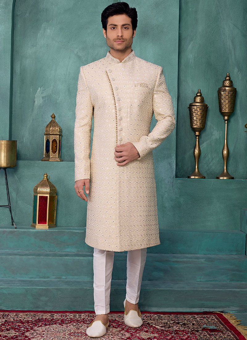 Classy Cream Silk Sequins Embroidered Indowestern Sherwani Wedding Wear