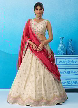 Classy Cream Tissue Embroidered Sequins Beads Work Lehenga