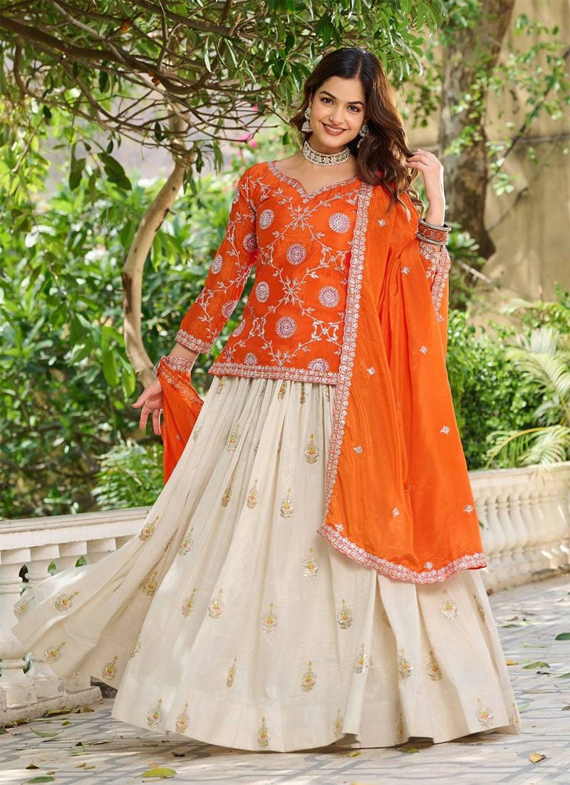 Classy Cream Tissue Silk Embroidered Sequins Long Choli Lehenga Festive Wear