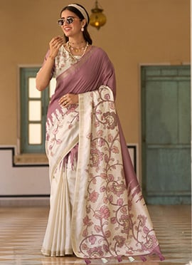 Classy Cream Tussar Silk Digital Printed Saree