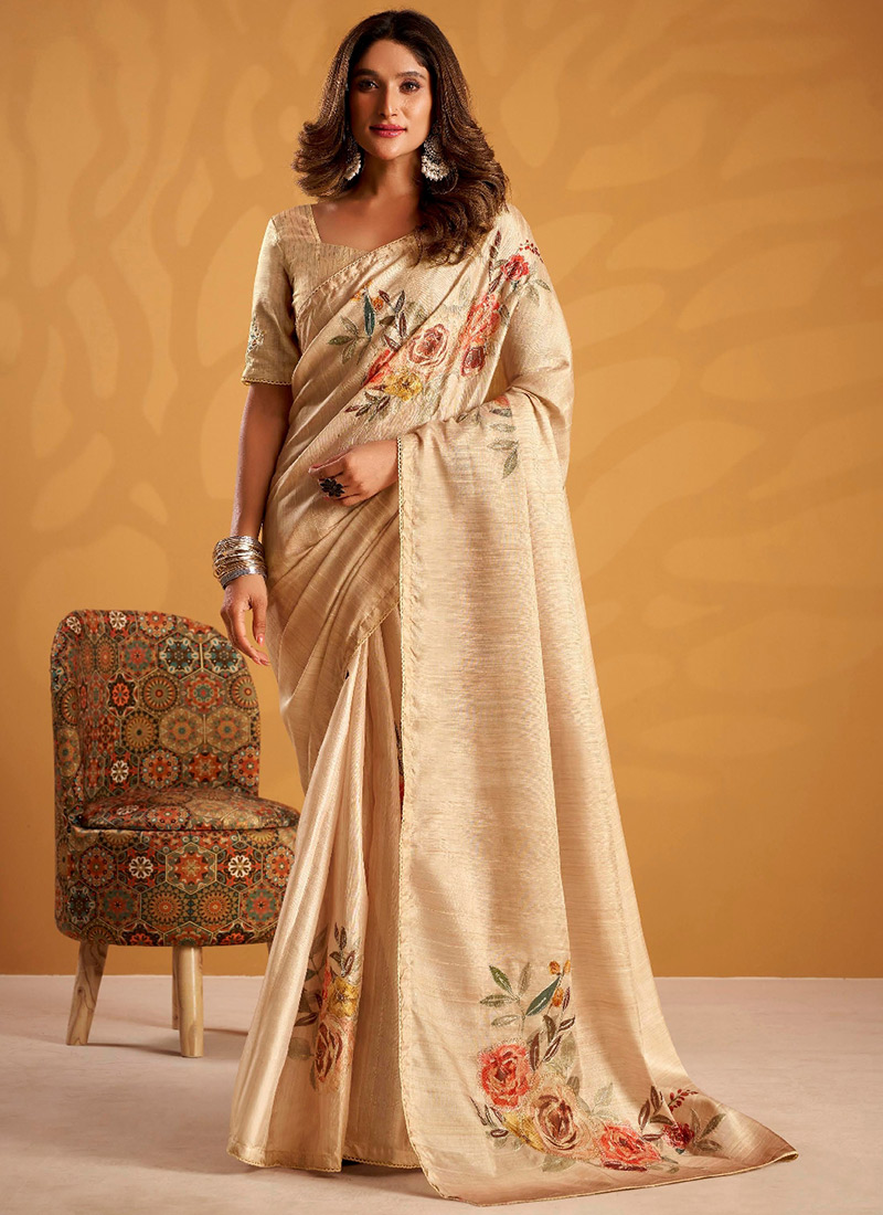 Classy Cream Tussar Silk Zari Work Digital Print Zari Saree After Six Wear
