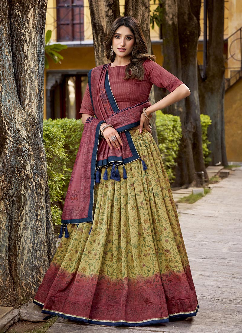 Classy Cream Vichitra Silk Printed Lehenga  Festive Wear