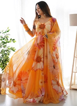 Classy Floral Digital Print Mustard Organza Anarkali Suit With Dupatta After Six Wear