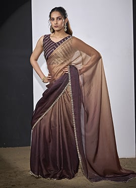 Classy Gold Brown Fendi Satin Tikki Work Saree