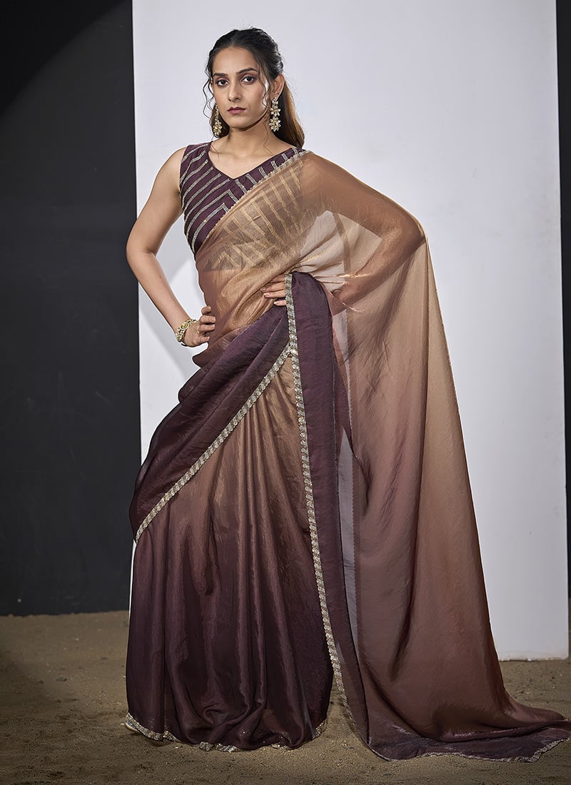 Classy Gold Brown Fendi Satin Tikki Work Saree After Six Wear