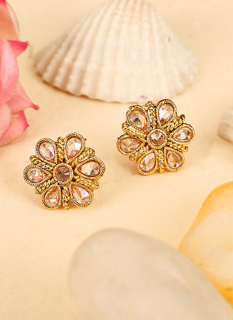 Classy Gold Cubic Zirconia Stone Studded Gold Plated Floral Shape Studs After Six Wear