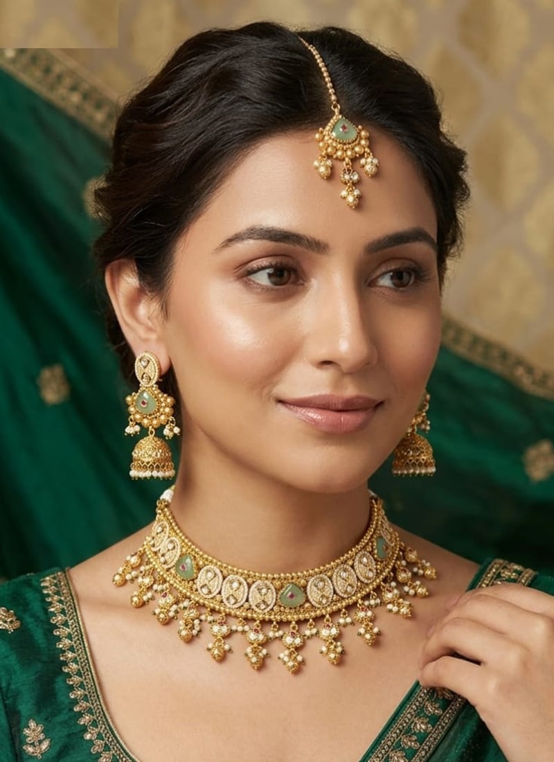 Classy Golden Kundan Pearl Beads Bridal Choker Necklace Set Wedding Wear