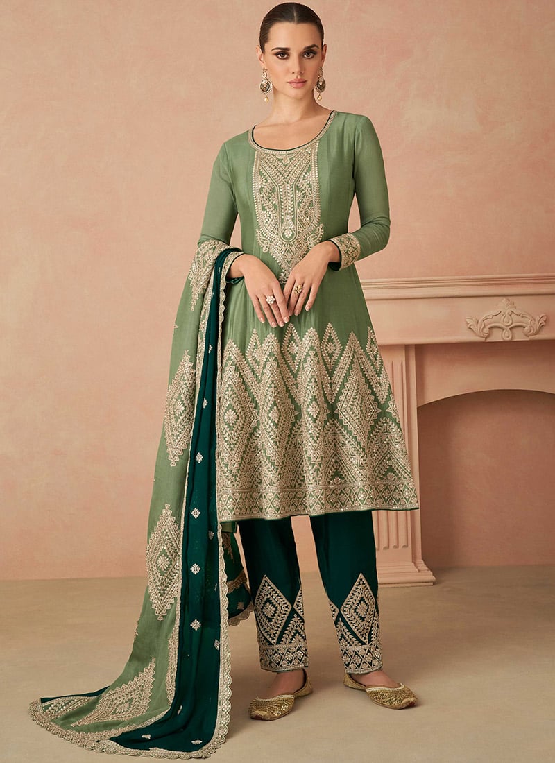 Classy Green Chinon Embroidered Sequins Straight A Line Pant Suit Festive Wear