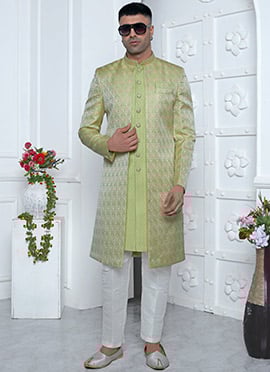 Classy Green Jacquard Silk Indowestern Sherwani