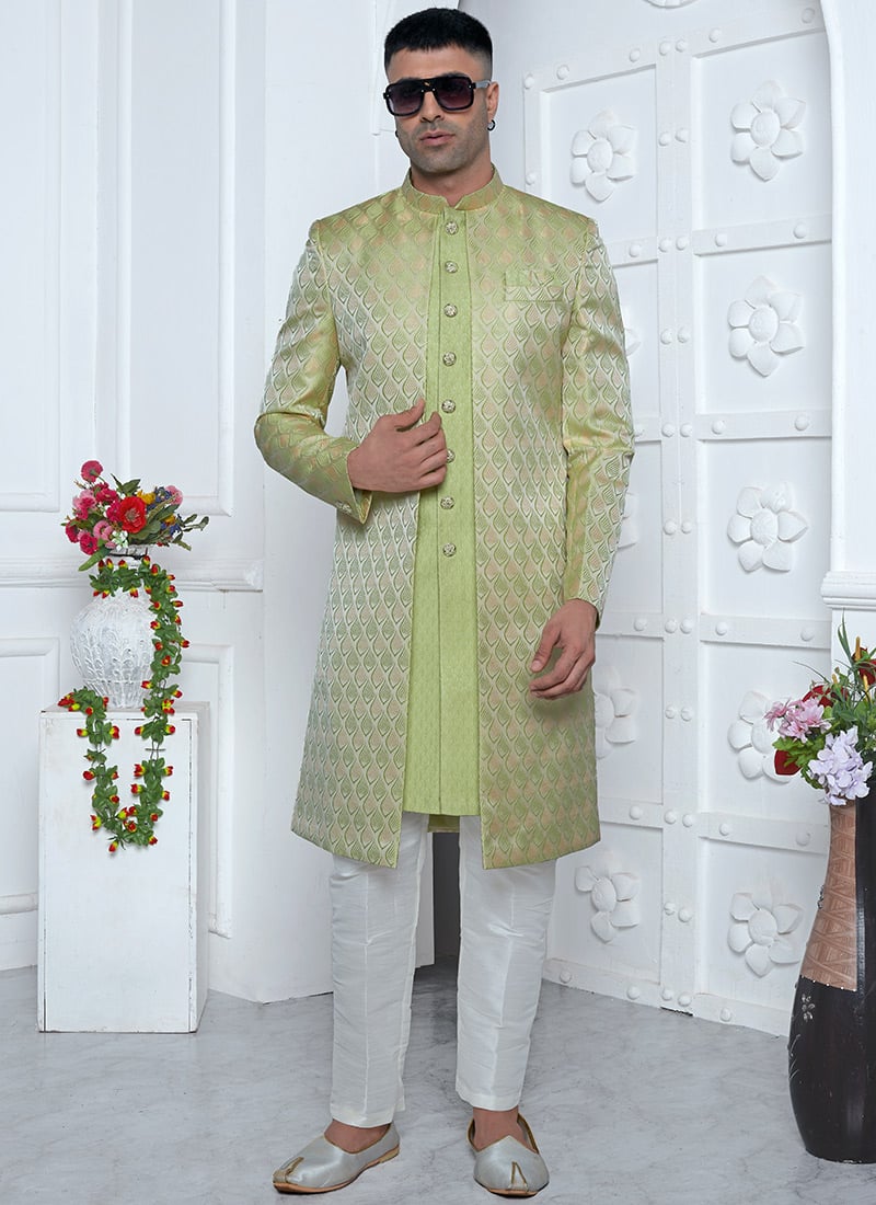 Classy Green Jacquard Silk Indowestern Sherwani Party Wear