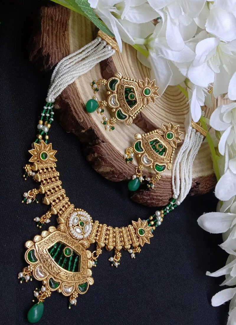 Classy Green Kundan Beads Pearl Regal Necklace Set Wedding Wear