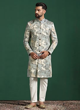 Classy Grey Cotton Paisley Indowestern Sherwani Set