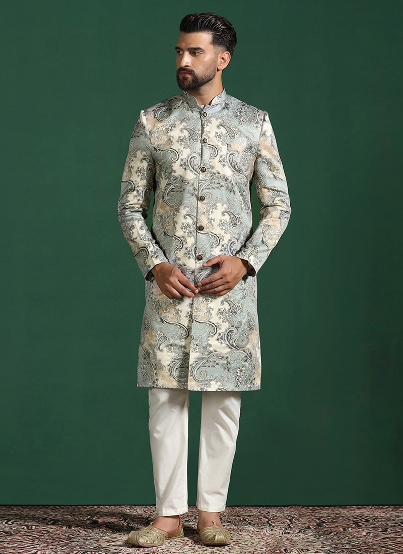Classy Grey Cotton Paisley Indowestern Sherwani Set Wedding Wear