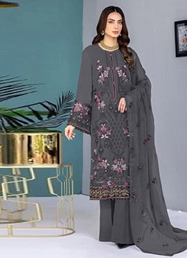 Classy Grey Hand Embroidered Georgette Pakistani Straight Pant Suit